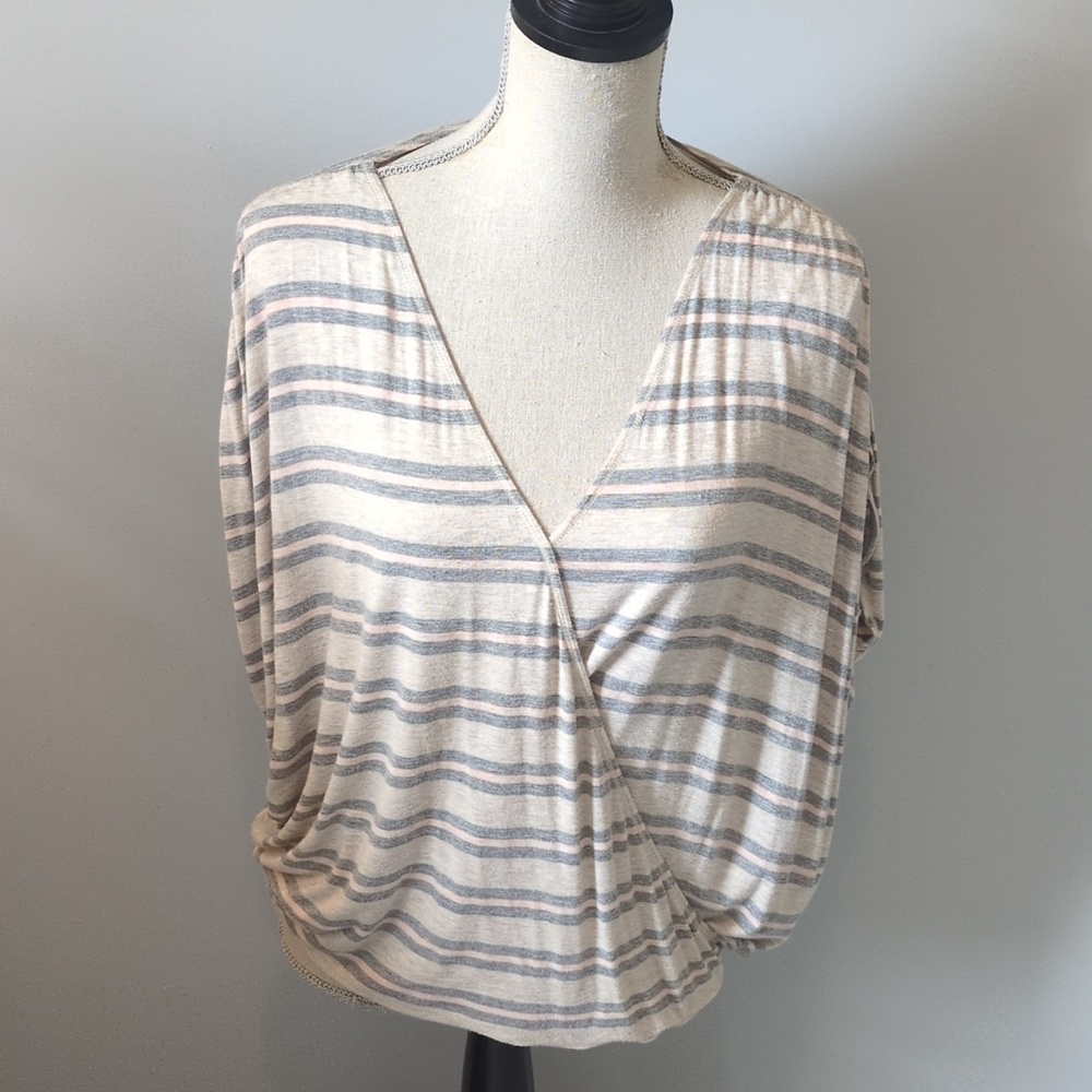 Max Studio Striped Shoulder Tie Wrap-Style V-Neck Top in Beige and Light Gray L